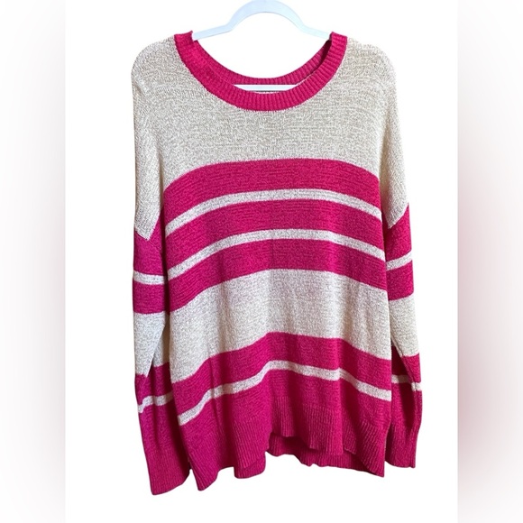 Kori Sweaters - Kori Cream and Pink Knit Striped Small Oversized Sweater